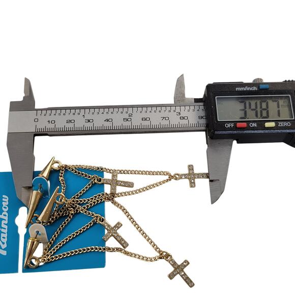 Gold-Tone Multi Cross Layered Chain Pierced Earrings 3.5" Rhinestones Edgy Punk - Picture 5 of 8